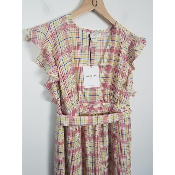 Glamorous Bloom Women's Maternity Sz. 4 Plaid Flutter Sleeve Midi Dress NWT - Picture 4 of 9